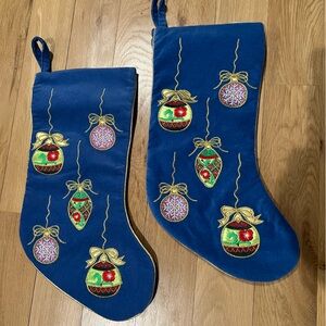 (2) D & F Designs Blue Christmas Stockings with embroidered Ornaments pattern